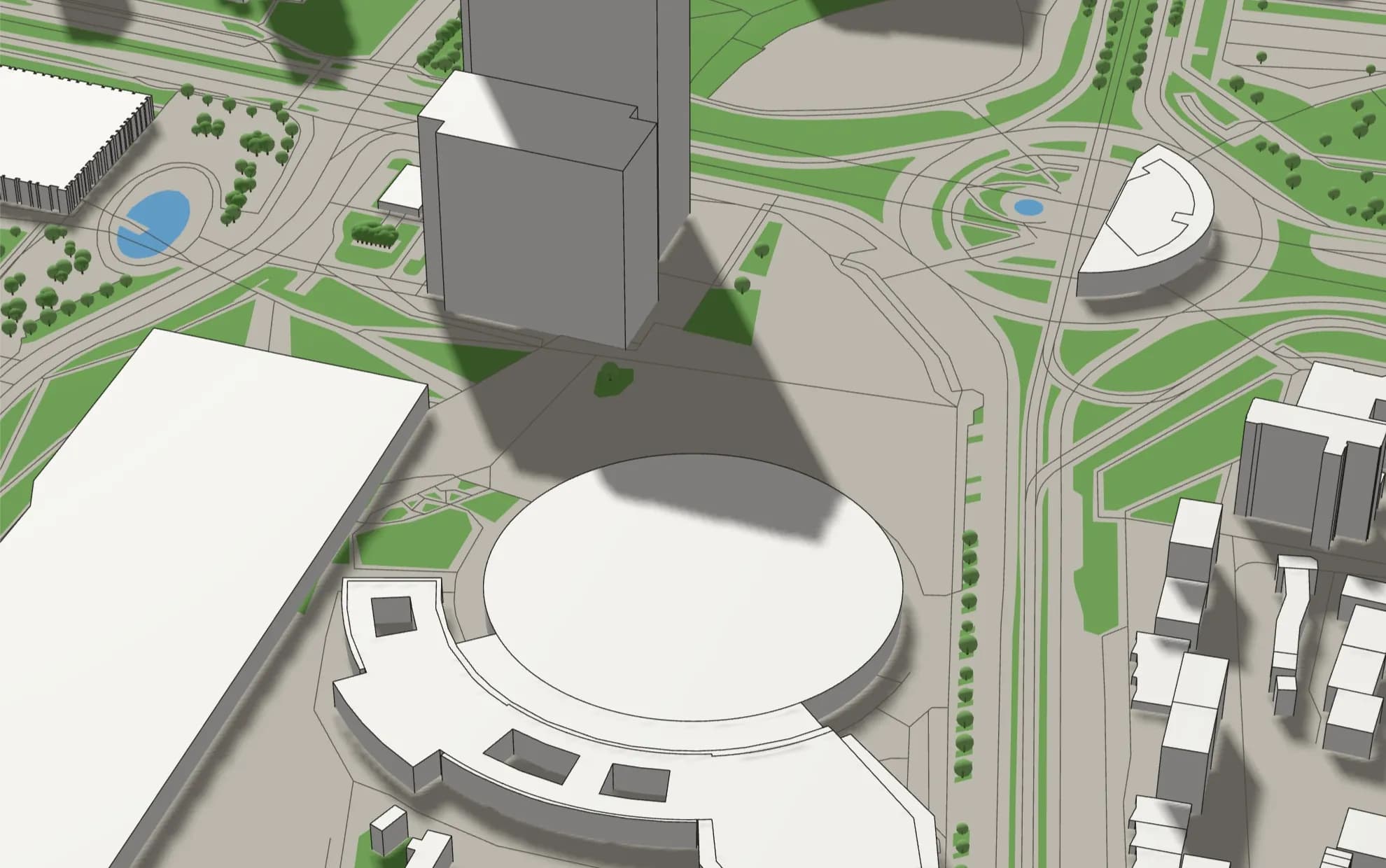 Katowice, around the Spodek arena. 3D Model preset on a generated study area. Heights of Polish buildings come from the national surface model.