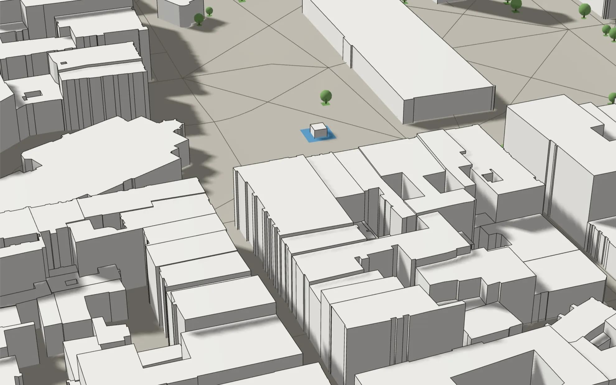 Kraków, Old Town. A low view of the 3D Model preset between the tenement blocks of the Old Town.