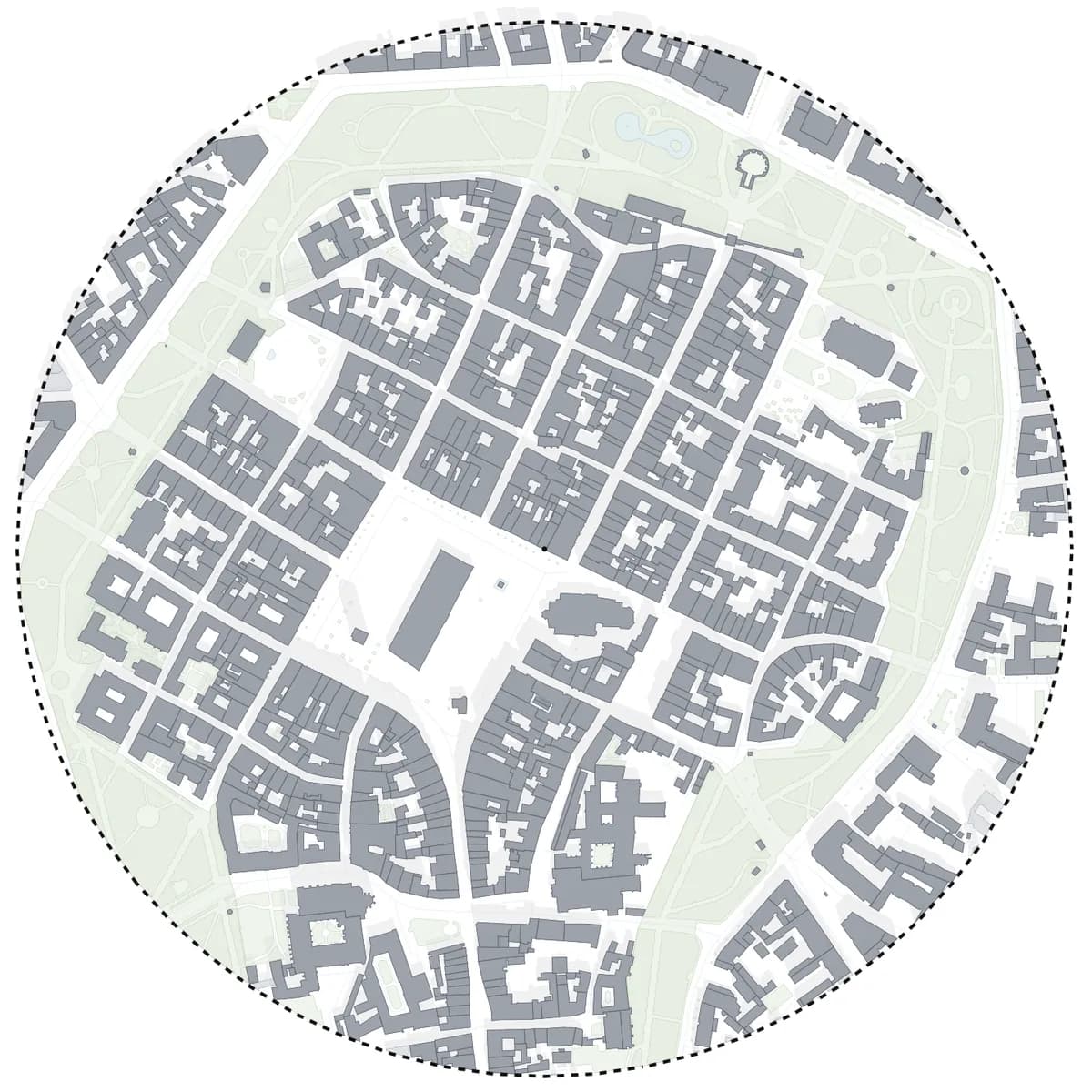 Kraków, Main Market Square. Building Analysis preset around the square: the medieval grid of the Old Town read as solid and void.