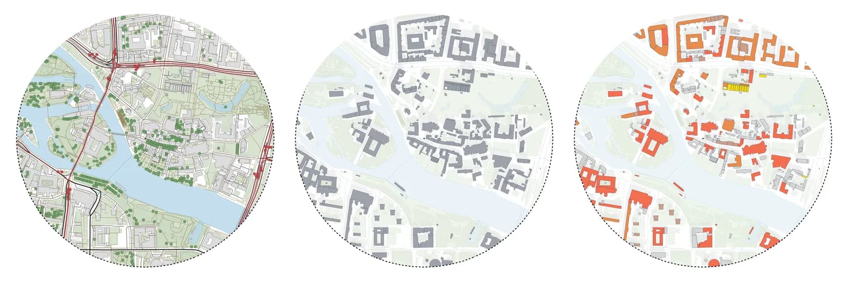 Wrocław, Ostrów Tumski. Site Plan, Building Analysis and Functional Analysis presets on the same generated study area.