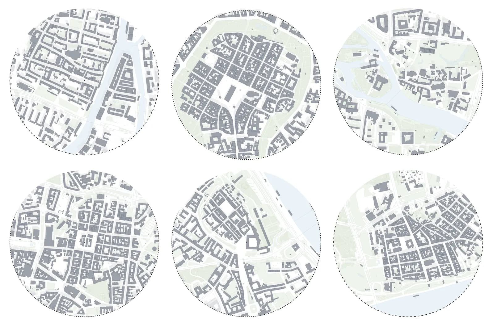 Six old towns from six addresses. Building Analysis preset in Gdańsk, Kraków, Wrocław, Poznań, Warsaw and Toruń. Each map is one generated study area.