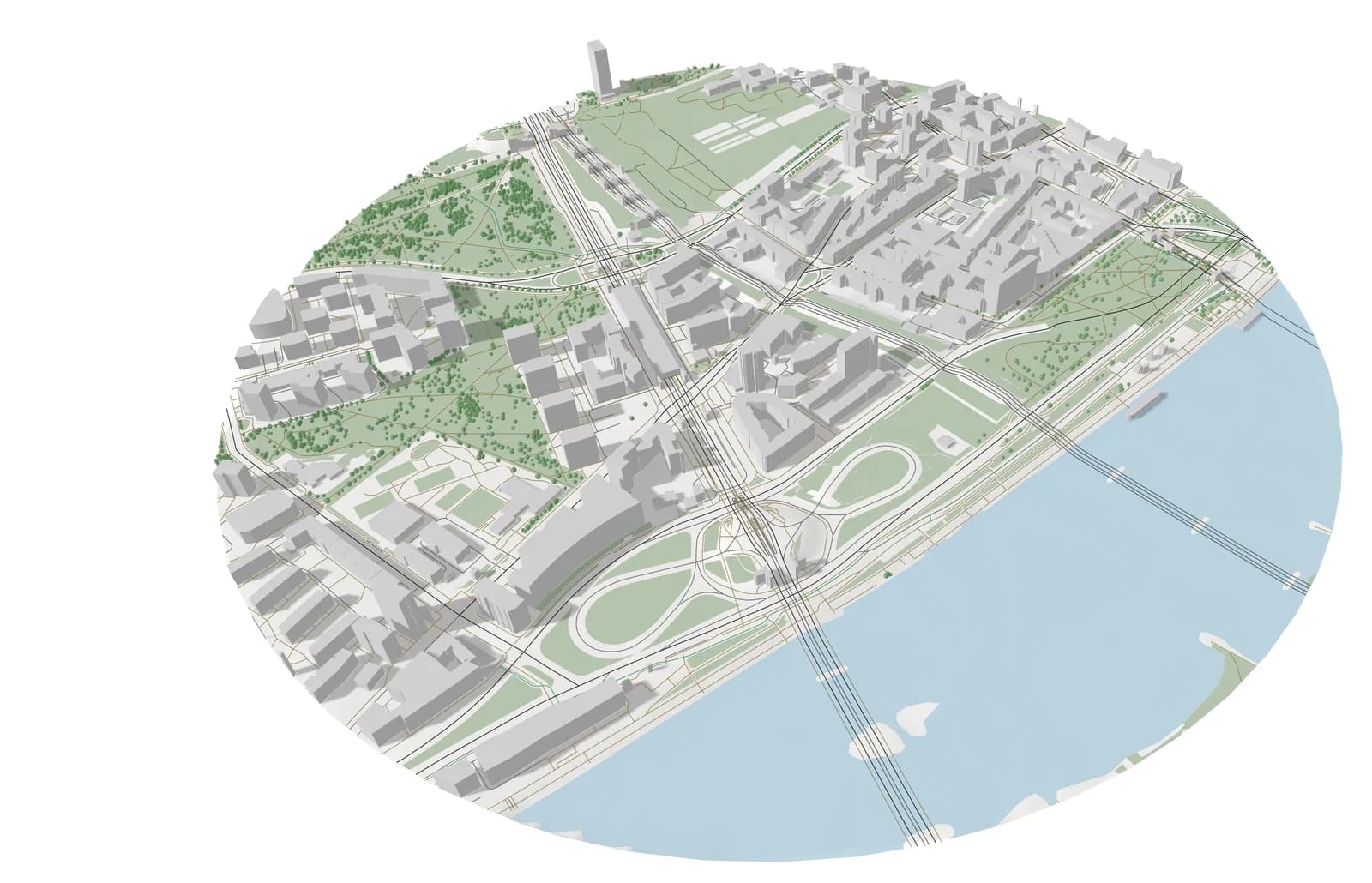 3D verification view. Buildings, greenery, roads and the river in 3D around the same study area.