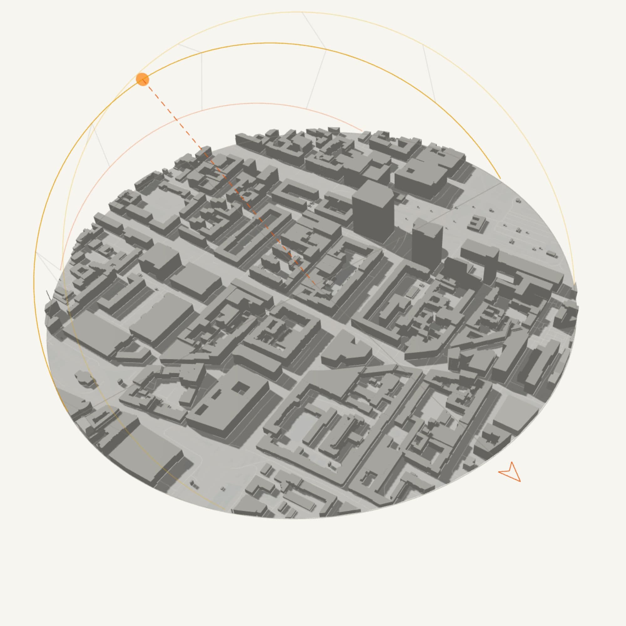Shadows on the surrounding blocks. A 3D view of the same kind of study area with the sun path and building shadows for a chosen hour.