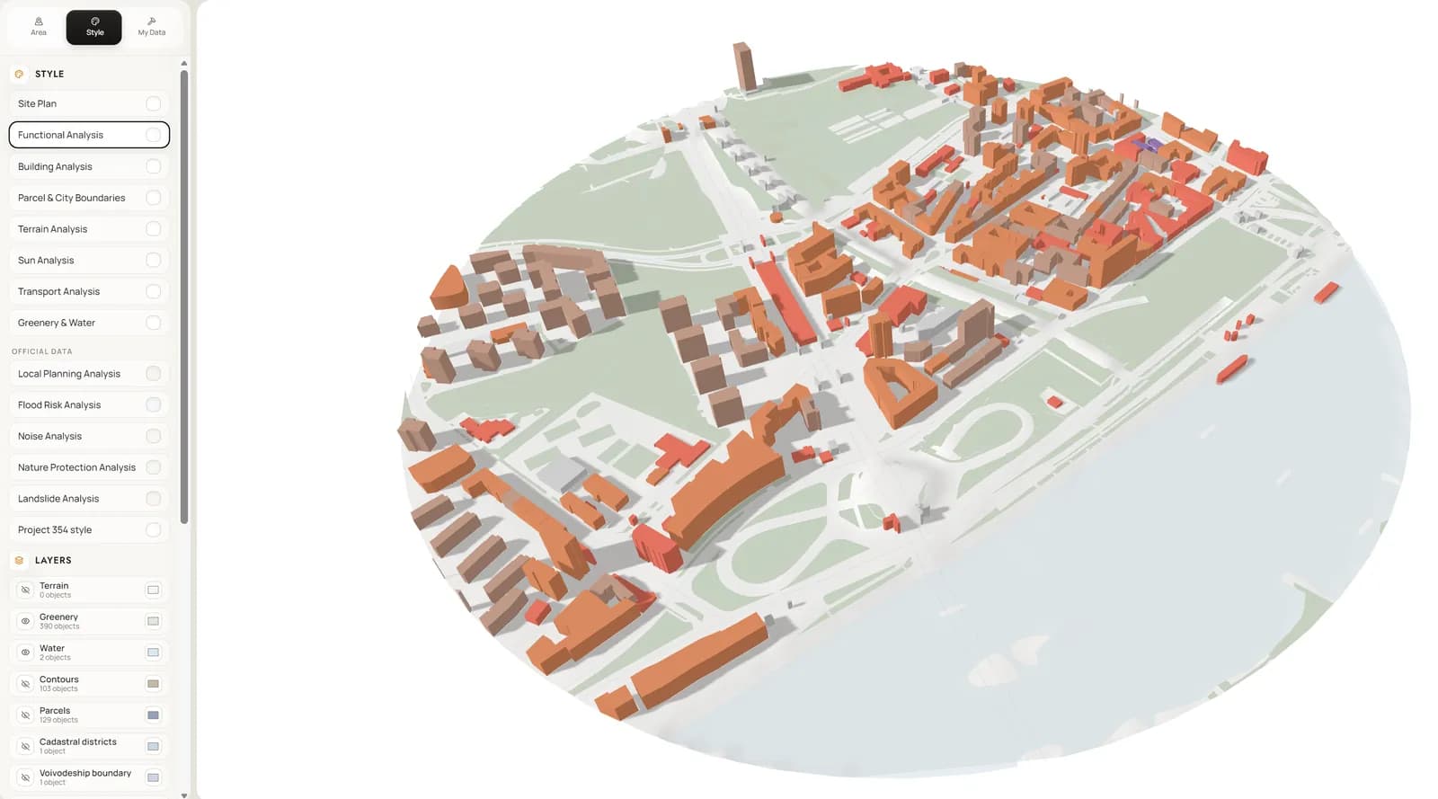 Functional analysis in 3D. One study area with buildings coloured by use. The style list on the left switches the same site between analysis presets.