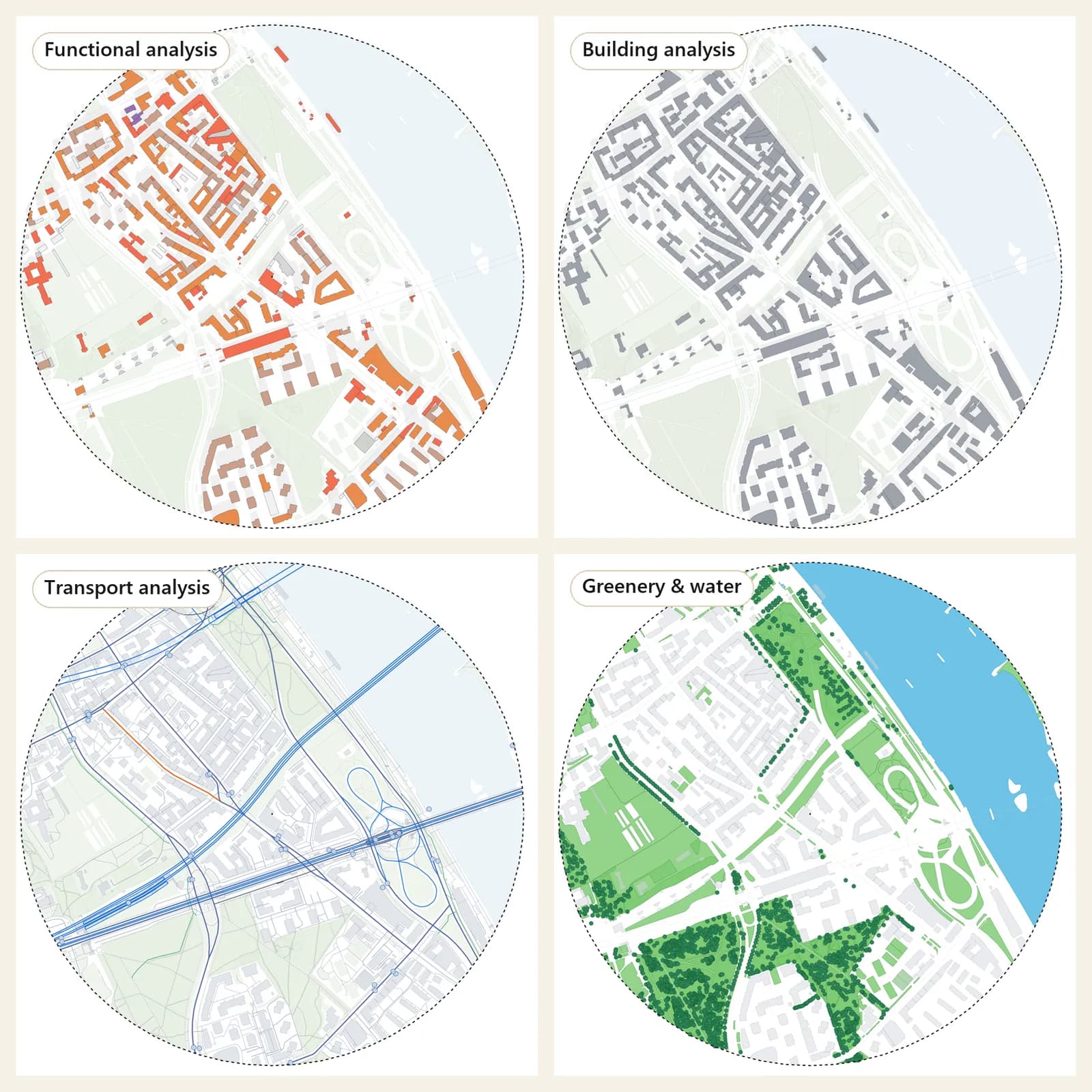 Preset-based iteration inside one project. Functional, building, transport and greenery analysis of the same study area, switched from the style list without generating the map again.