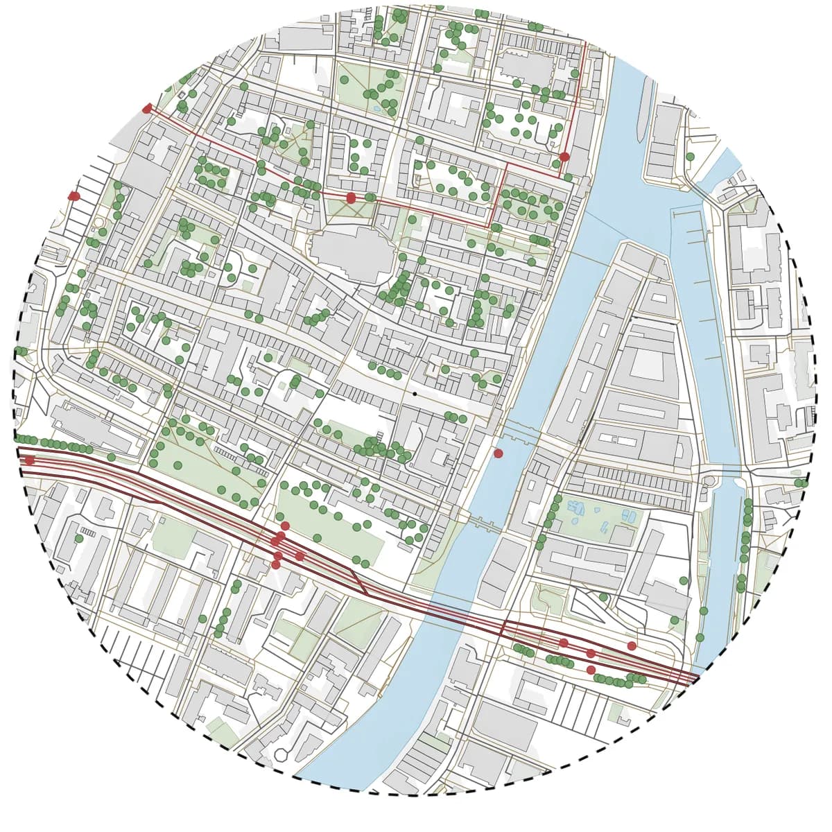 Gdańsk, Long Market. Site Plan preset: buildings, main and local roads, rail, the river, greenery and trees, each on its own layer.