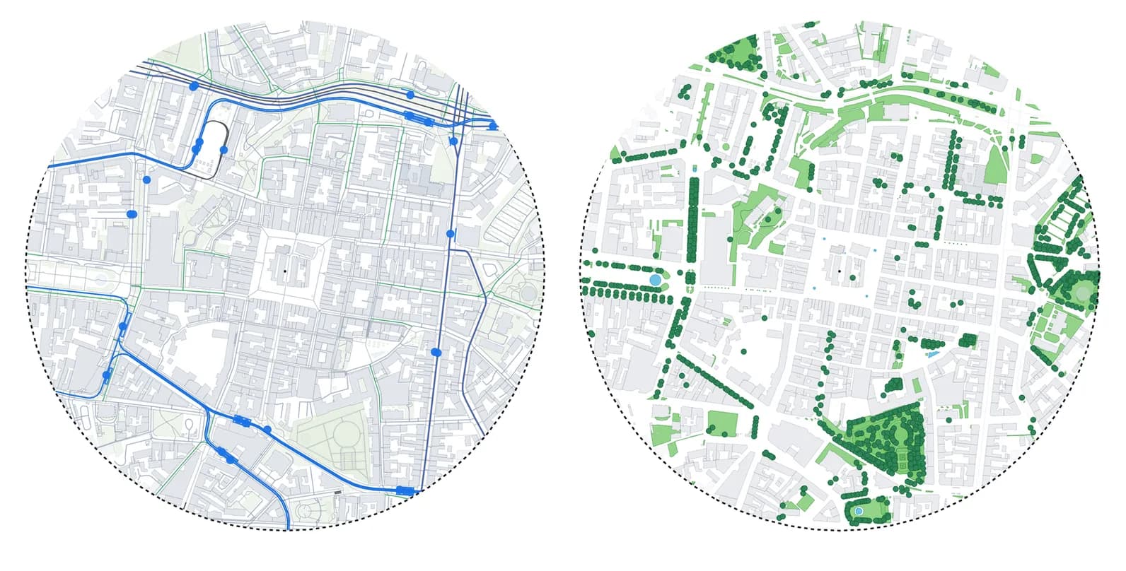 Poznań, Old Market Square. Transport Analysis and Greenery & Water presets of one generated study area. Each preset exports with its own layer colours.