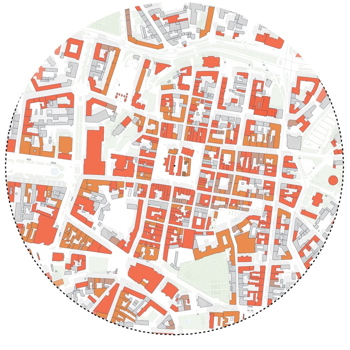 Poznań, Old Market Square. Functional Analysis preset: buildings coloured by use from OpenStreetMap tags, with the market square block in the middle.