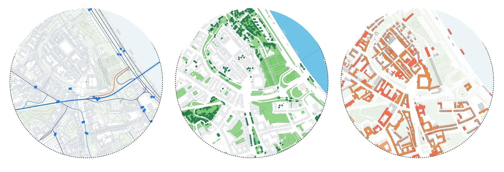 Warsaw, Castle Square. Transport Analysis, Greenery & Water and Functional Analysis presets of one generated study area.