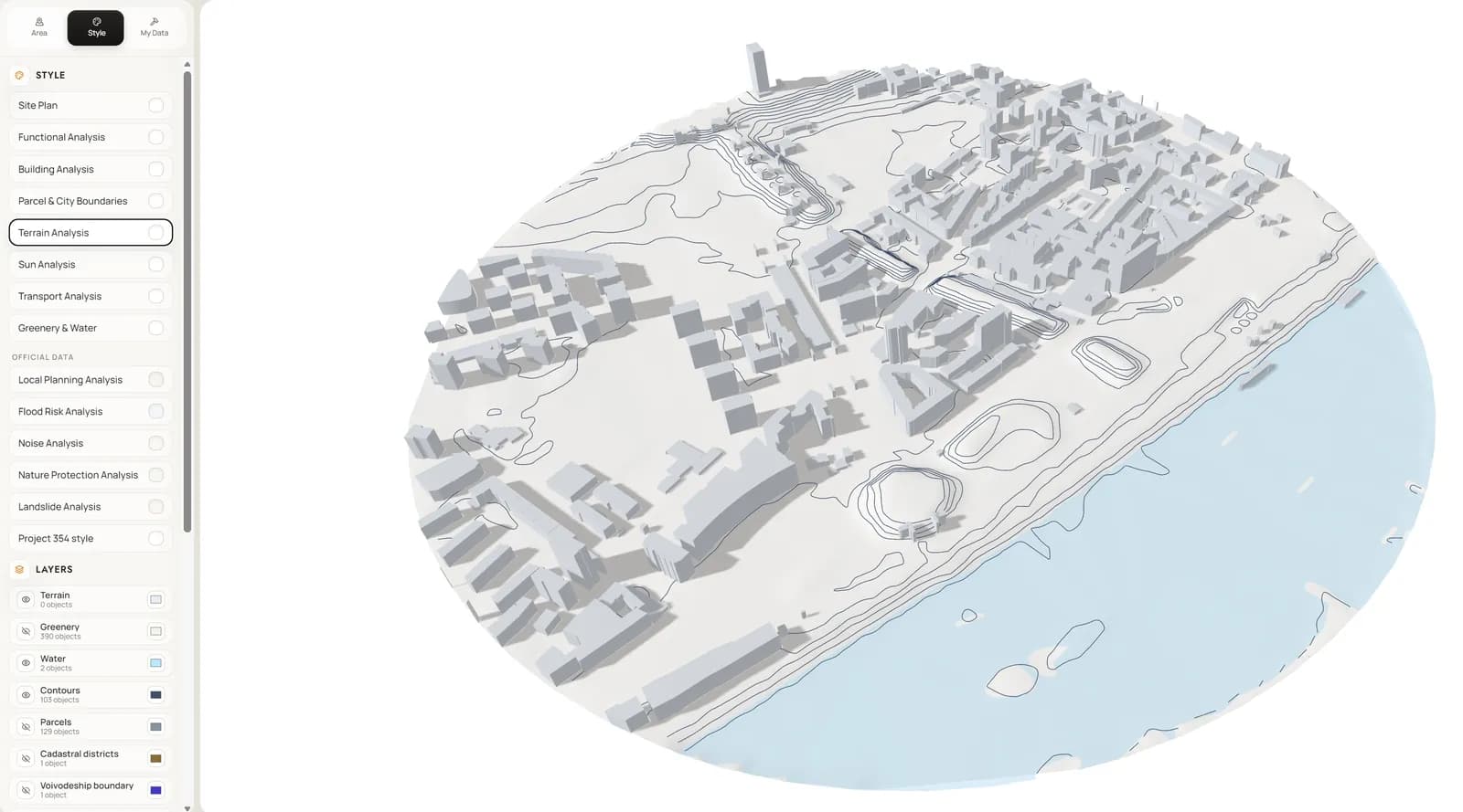 Terrain analysis in 3D. Relief, contours and buildings of one study area, built from official elevation data and kept in the same project as every other analysis.