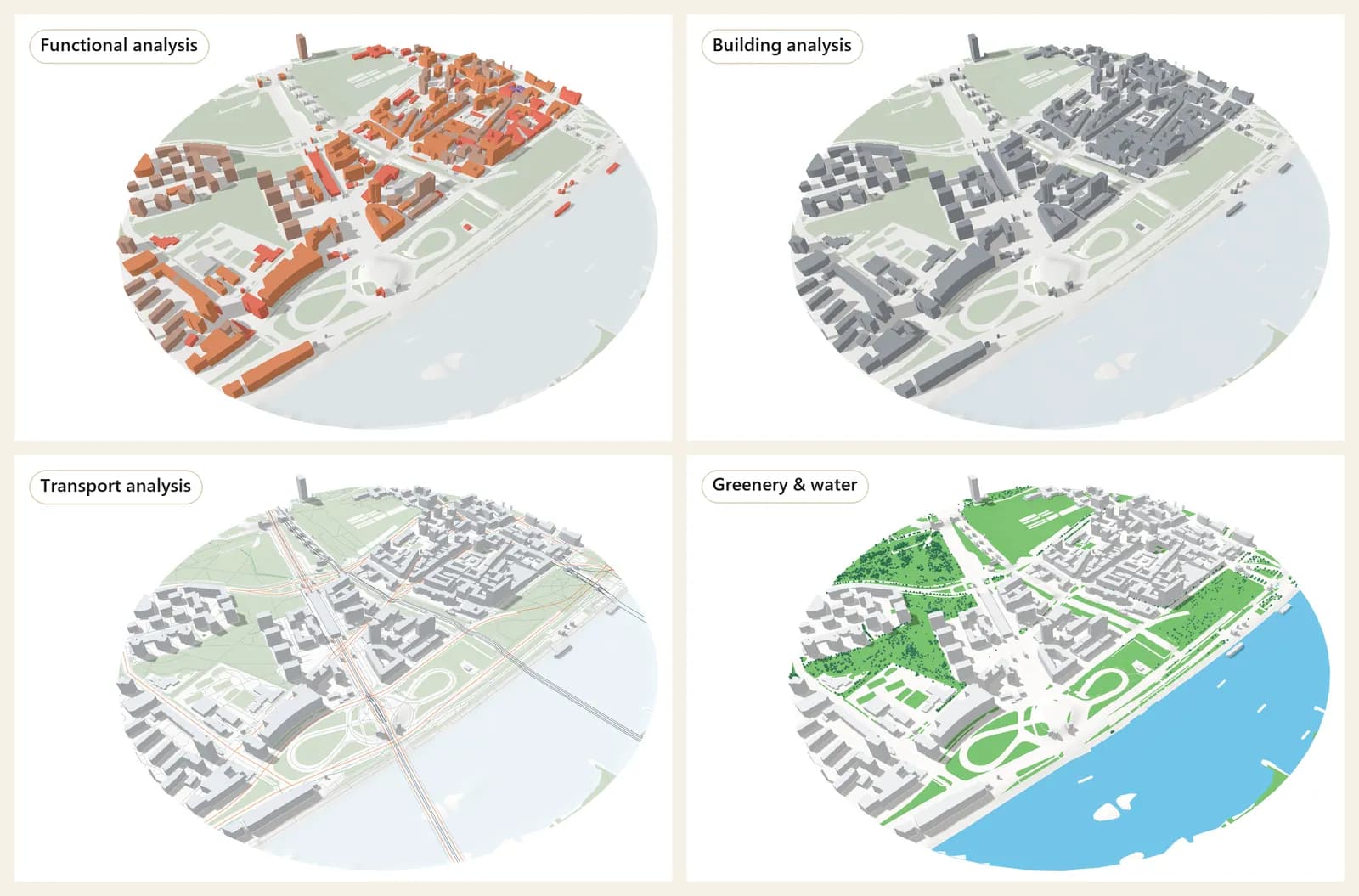 One saved project, several views. Functional, building, transport and greenery views of one study area in 3D. Each is a style you switch to, not a new export to rebuild.