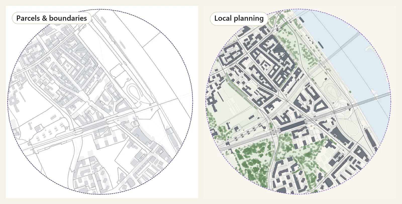 Two preset directions for one project. A technical parcels-and-boundaries view next to a local planning view of the same study area.